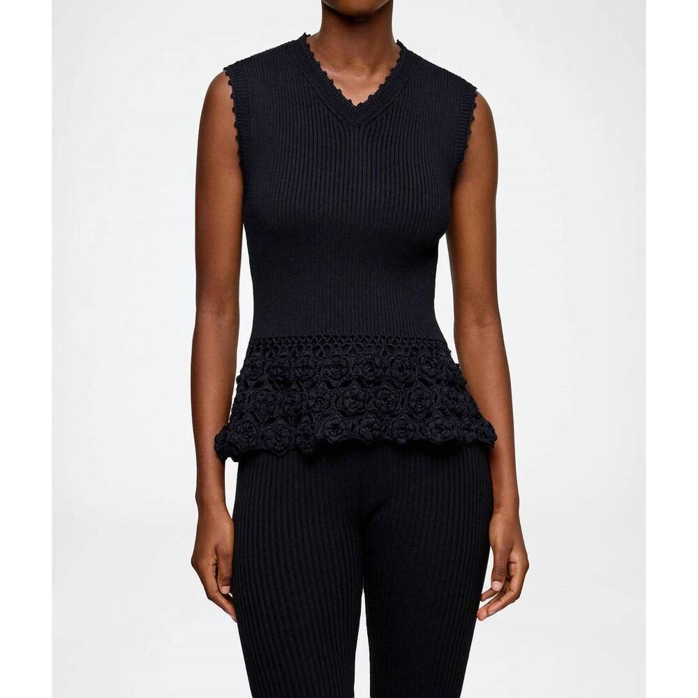 NEW GANNI cotton crochet vest in black